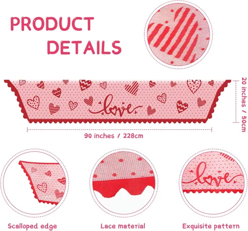Vista 5 de Tatuo Bufanda para el día de San Valentín, mantel de encaje con corazón rojo para el día de San Valentín, boda, aniversario, sala de estar