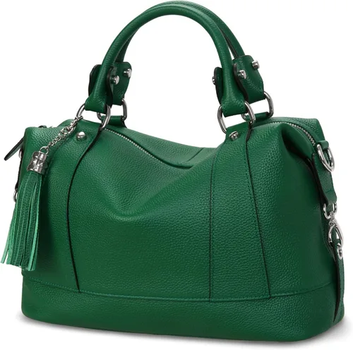 Vista 12 de Heshe Bolsos de hombro de cuero genuino para mujer, bolsos satchel, bolsos bandolera de cuero real para damas Beige