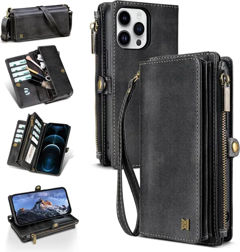 Vista 72 de Funda tipo cartera para iPhone 16 Pro Max con 8 tarjeteros, bloqueo RFID, piel sintética, función atril, abatible, correa de muñeca y correa