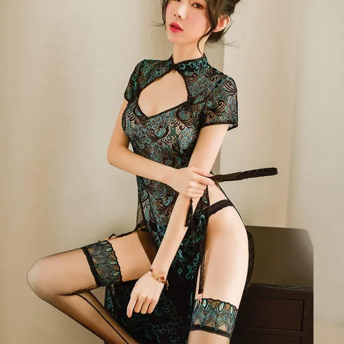 Vista 2 de Señoras cosplay sexy encaje cheongsam ropa interior chino clásico hebilla correas hueco camisón