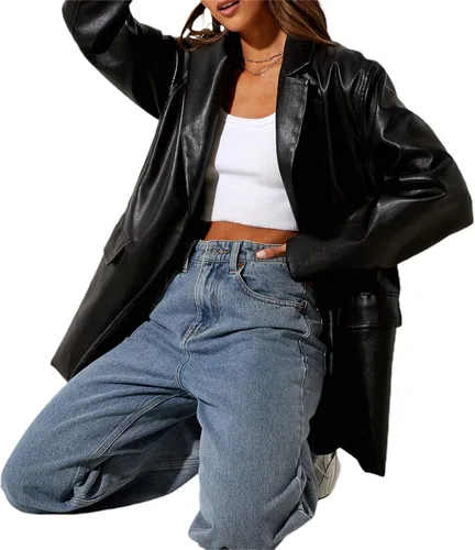 Vista 5 de Chaqueta de cuero para mujer, chaqueta de gran tamaño, con solapa frontal, de piel sintética, chaqueta de otoño e invierno