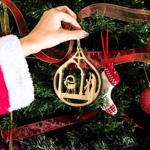 Vista 7 de Juego de 24 adornos de madera para árbol de Navidad, decoración religiosa del nacimiento de Jesús, decoración colgante para familia cristiana (forma)