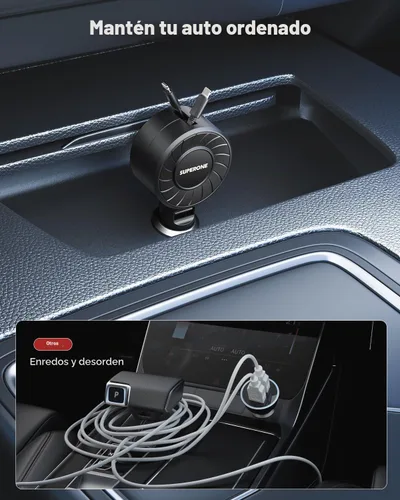 Vista 4 de SUPERONE Cargador retráctil para automóvil, pequeño cargador de automóvil para iPhone, cargador de teléfono para automóvil con USB C y cable Apple