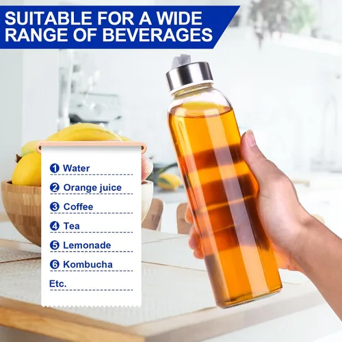 Vista 5 de Paquete de 3 botellas de agua de vidrio con tapa, transparente, 17 onzas Reusable Juice Bottle with Stainless Steel Cap, Glass Cup Liquid Storage