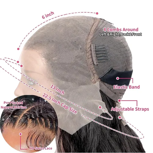 Vista 6 de Pelucas de cabello humano ondulado con encaje frontal transparente HD de 13 x 6 pulgadas, densidad del 200 %, sin pegamento, con pelitos de bebé
