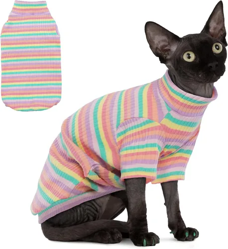 Vista 6 de PUMYPOREITY Ropa para Gatos: Camisa Elástica, Suéter con Mangas, Pijama de Forro Polar Suave para Gatos Sphynx, Devon Rex - Azul, XS