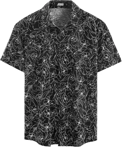 Vista 2 de JOGAL - Camisa hawaiana de Aloha para hombre, manga corta, diseño de flores Negro Blanco Línea