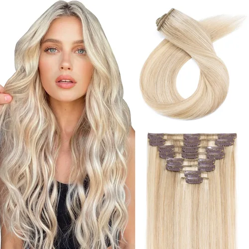 Vista 22 de Extensiones de cabello con clip, cabello humano Remy, extensiones de cabello largo lacio de una pieza con 5 clips, con gancho para colgar