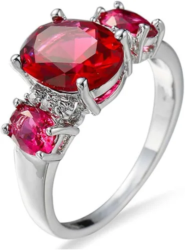 Vista 2 de Detalle elegante anillo de compromiso de aniversario de lujo con diamantes cuadrados de circonita y diamantes rojos con brillantina, regalo