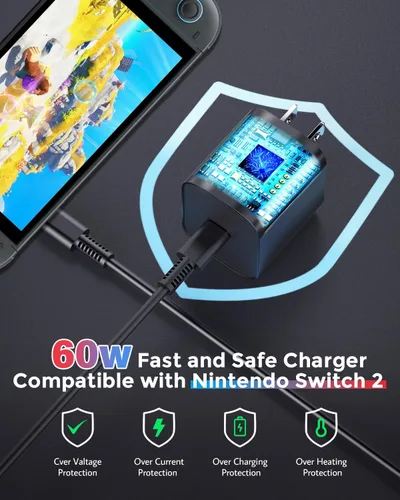 Vista 4 de JZW-SHOP 60W Fast Charging Charger Compatible with Nintendo Switch2, Nintendo Switch, Steam Deck- Support TV Mode, 20V 3.0A AC Adapter with 1.5M USB