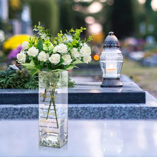 Vista 6 de Hoolerry Jarrón de cristal conmemorativo con tema botánico con versículo de condolencias, transparente, rectangular, 3.15 x 3.15 x 9.84 pulgadas