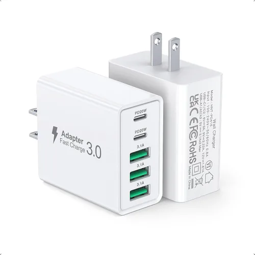 Vista 12 de [Paquete de 2] Cargador de pared USB C, bloque de cargador USB C de 60 W, bloques de carga rápida PD de 5 puertos, enchufe multipuerto 2USB C + 3USB