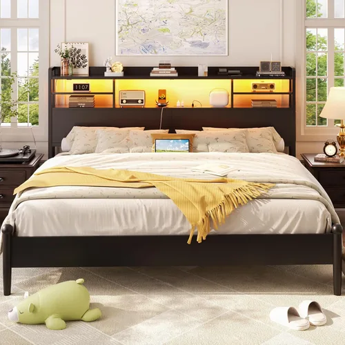 Vista 2 de Aheaplus Cabecero para cama tamaño Queen con almacenamiento, cabeceros con luz LED, tomas de corriente, puertos USB, tamaño Queen, cabecero
