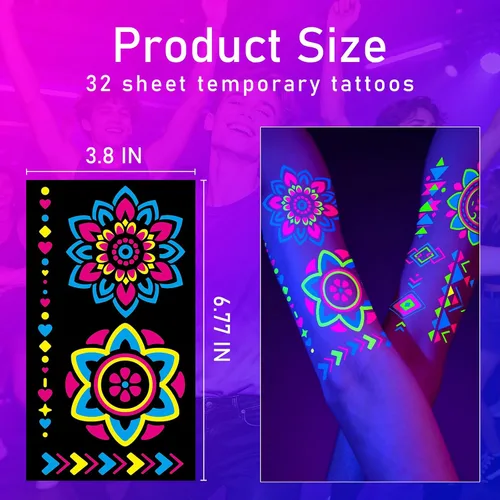 Vista 2 de Suministros de fiesta con tatuajes temporales que brillan en la oscuridad 192+ PIEZAS, Tatuajes faciales reactivos de neón UV con luz negra