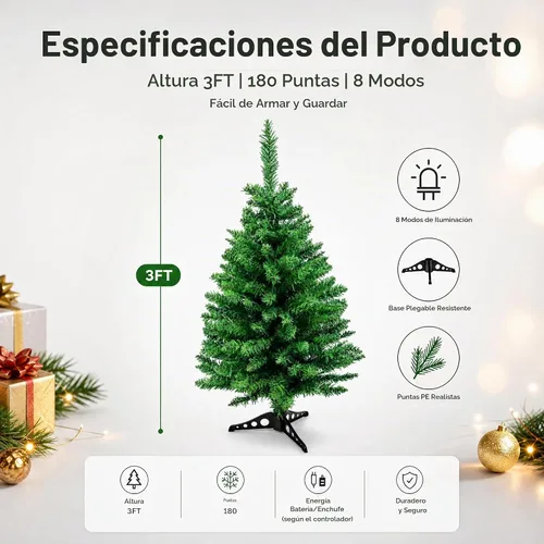 Vista 7 de Árbol de Navidad pequeño de 3 pies con luces, funciona con pilas Mini árbol de Navidad de mesa con base estable para el hogar, entrada, oficina