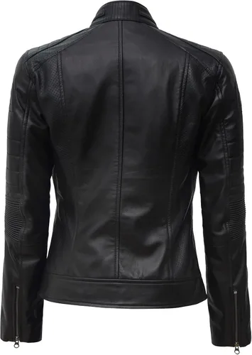 Vista 4 de Chaqueta de cuero para mujer Cafe Racer - Chaquetas de motocicleta de piel de cordero real, Marrón