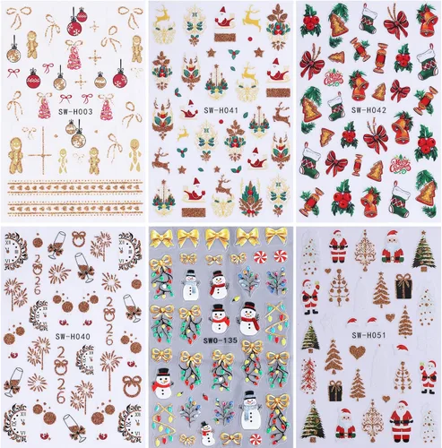 Vista 7 de Calcomanías de uñas de Navidad, calcomanías de uñas de invierno 3D, autoadhesivas, coloridas, cadena de luces, árbol de Navidad, reno, diseño