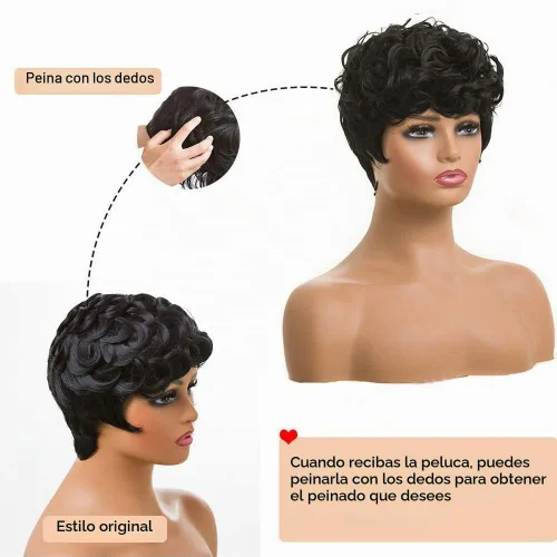 Vista 6 de MOONSHOW - Pelucas cortas de corte Pixie para mujeres negras, peluca de corte Pixie marrón Short Pixie Wigs for Black Women Natural Layered Short