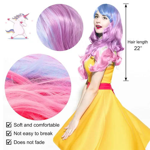 Vista 2 de Free Yoka Peluca rosa degradado para mujer, disfraces de Halloween, diadema de unicornio, Lolita, cosplay, pelucas de fiesta, kawaii, largo, rizado