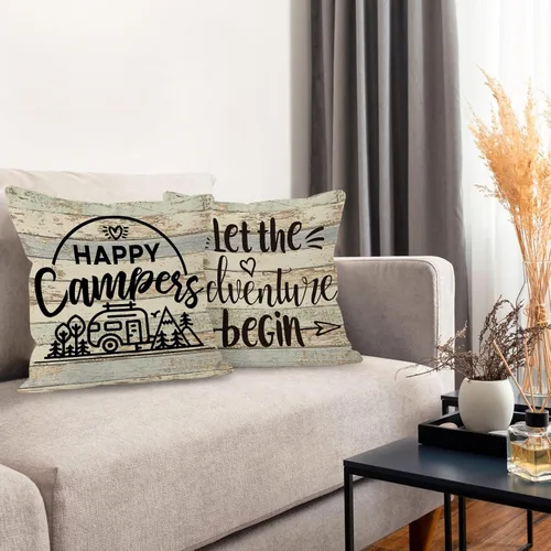 Vista 6 de Fundas de almohada decorativas con temática de campamento, 2 x 18 x 18 pulgadas, mezcla de lino y algodón beige, impresión de letras rústicas
