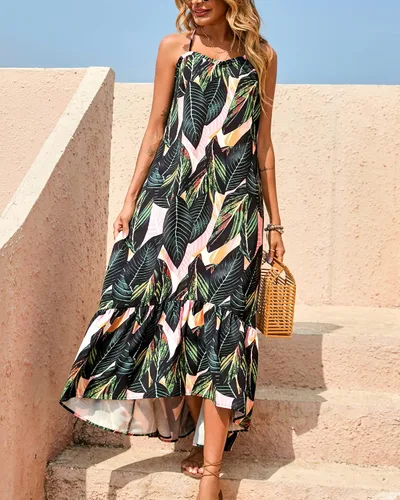 Vista 7 de BTFBM Vestidos casuales de verano para mujer, 2023, tirantes delgados, sin mangas, estampado con volantes, bohemio, vestido largo para playa