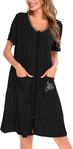 Vista 4 de SWOMOG Bata ligera con cremallera frontal para mujer, bata de baño ligera de manga corta con bolsillos
