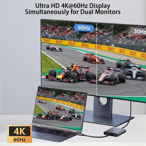 Vista 4 de Adaptador USB C a HDTV dual, adaptador multipuerto USB C de 4K a 60 Hz con 2 HDMI, USB 3.0, 100 W PD, macOS solo permite modo espejo, Windows