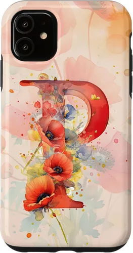 Vista 8 de iPhone 16 Beautiful Poppy Flowers Initial Letter P Monogram Watercolor Case