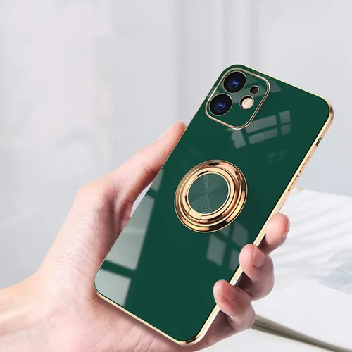 Vista 3 de aowner Funda compatible con iPhone 11 Pro Max con anillo chapado brillante, borde de oro rosa, soporte de rotación de 360 grados para mujeres