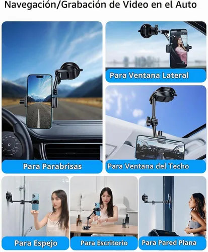 Vista 6 de Soporte para teléfono de automóvil para parabrisas y ventana, grabación de video, filmación de vlogging, multiángulo ajustable y giratorio y sin