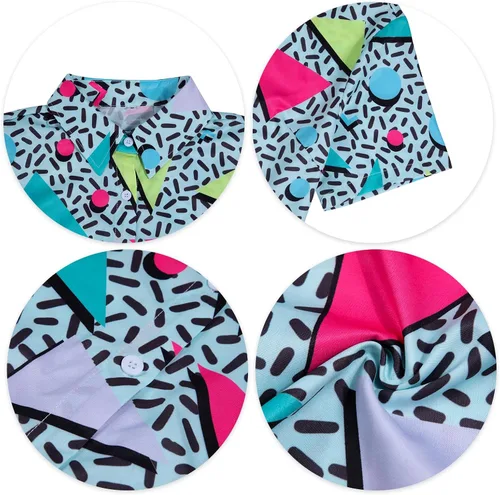 Vista 7 de Trajes de los años 80 y 90 para mujer, camisa de discoteca retro para fiesta temática de los años 80, camisa hawaiana de neón con botones y manga