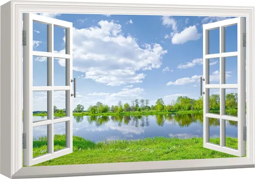 Vista 49 de wall26 - Cuadro en lienzo para pared, vista de ventana, río neón turquesa, rápido, bosque, lago, arroyo, naturaleza salvaje, fotografía, realismo