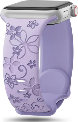 Vista 9 de Bandas con grabado floral compatibles con Apple Watch de 41mm 40mm 44mm 45mm 42mm 38mm 46mm 49mm para mujeres, correa deportiva de silicona suave