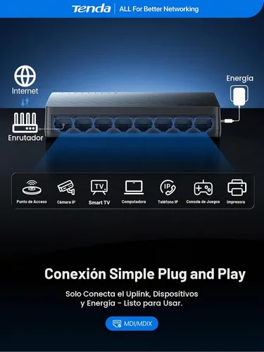 Vista 4 de Tenda 8 puertos Gigabit Ethernet Switch, escritorio Ethernet Splitter Plug Gris