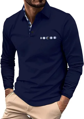 Vista 12 de Polo de manga larga para hombre, diseño casual de algodón con bolsillo, cuello clásico con botón para golf