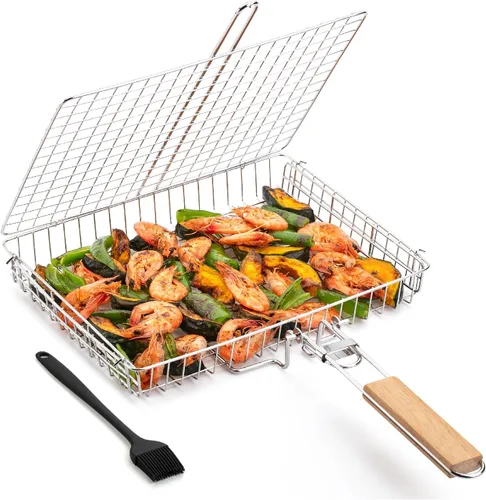 Vista 9 de UNCO- Cesta para parrilla de barbacoa, plegable, portátil, de acero inoxidable, con mango de madera extraíble y cepillo para untar, para verduras