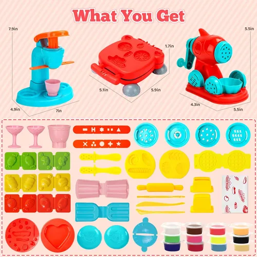 Vista 5 de SOCBTNSO Juego de masa 3 en 1, 59 piezas para niños de 4 a 8 años, kit de herramientas de masa con máquina para hacer helados, fideos