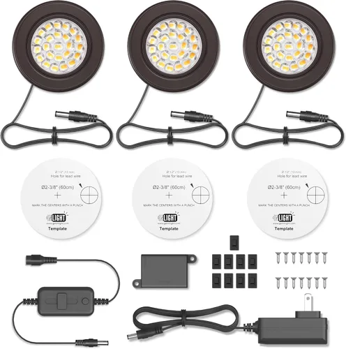 Vista 4 de GETINLIGHT Kit de luz LED de disco de 2.5 pulgadas, paquete de 3, enchufable, 3000K, bronce