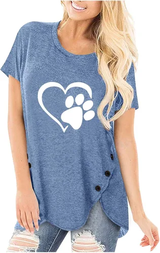 Vista 2 de Tee Shirt V Neck New Irregular Button Short Sleeve Round Neck Printed Women's T-Shirt