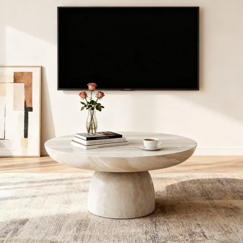 Vista 56 de Mesa de centro redonda de madera de 31.49 pulgadas con almacenamiento, mesa de centro circular acanalada de 2 niveles con tapa y estante para sala
