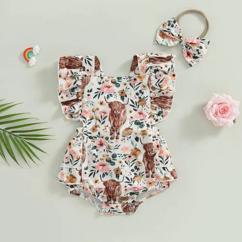 Vista 2 de Karuedoo Ropa de bebé del oeste con estampado de vaca, sin mangas, con volantes, traje de vaquera