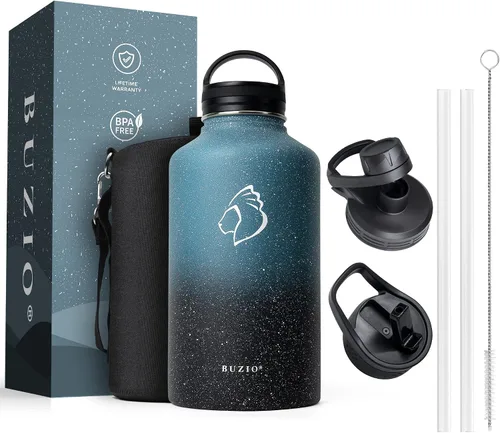Vista 26 de BUZIO Botella de agua de 32 onzas aislada con popote y 3 tapas y bolsa de transporte, a prueba de fugas, frasco jarra de agua de acero inoxidable