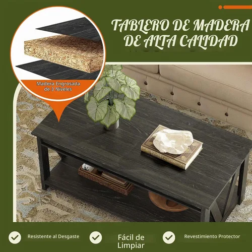 Vista 7 de WLIVE Mesa de Centro, Mesa de Centro Estilo Granja de 43" con Estante de Almacenamiento y Soporte Resistente en Forma de V, Mesa Central de Madera