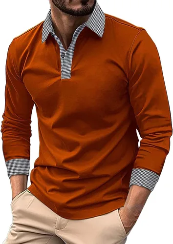 Vista 13 de Polo de manga larga para hombre, diseño casual de algodón con bolsillo, cuello clásico con botón para golf