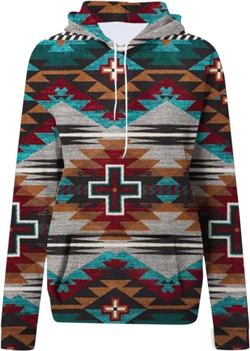 Vista 4 de Ceboyel Women Western Aztec Hoodies Drawstring Sweatshirt Pullover Ethnic Vintage Graphic Shirts Tops Causal Fall Clothes