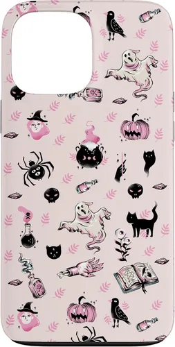 Vista 23 de iPhone 16 Vintage Halloween Case Pumpkins Ghosts Witch Skulls Pink Case