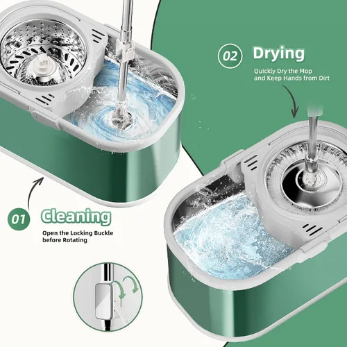 Vista 2 de Trapeador giratorio y cubo con escurridor para el hogar, trapeador de 360° y cubo con agua limpia y sucia separada, mopa de polvo húmedo