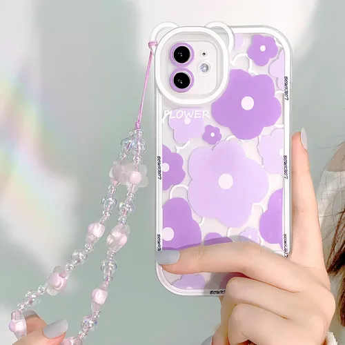 Vista 3 de NITITOP Funda compatible con iPhone 11, funda transparente con diseño de oso floral y cadena de pulsera de flores para mujeres y niñas, funda de TPU