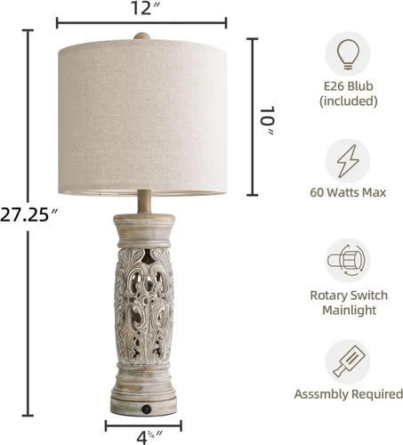 Vista 6 de BOBOMOMO Juego de 2 lámparas de mesa rústicas de granja de 27.25” – Lámparas de noche vintage con luz nocturna y puertos USB A+C, lámparas retro