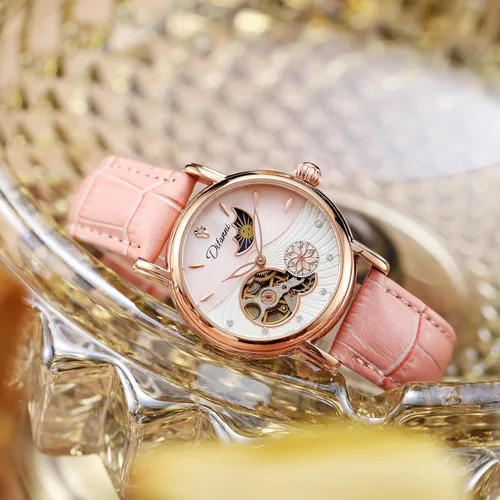 Vista 2 de CARLIEN Relojes mecánicos automáticos de acero inoxidable para mujer, correa de cuero, esfera de esqueleto de perla, impermeable, reloj de pulsera